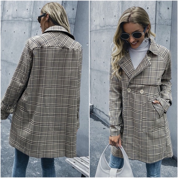 plaid button pocketed trench pea coat brown camel - Picture 8 of 9